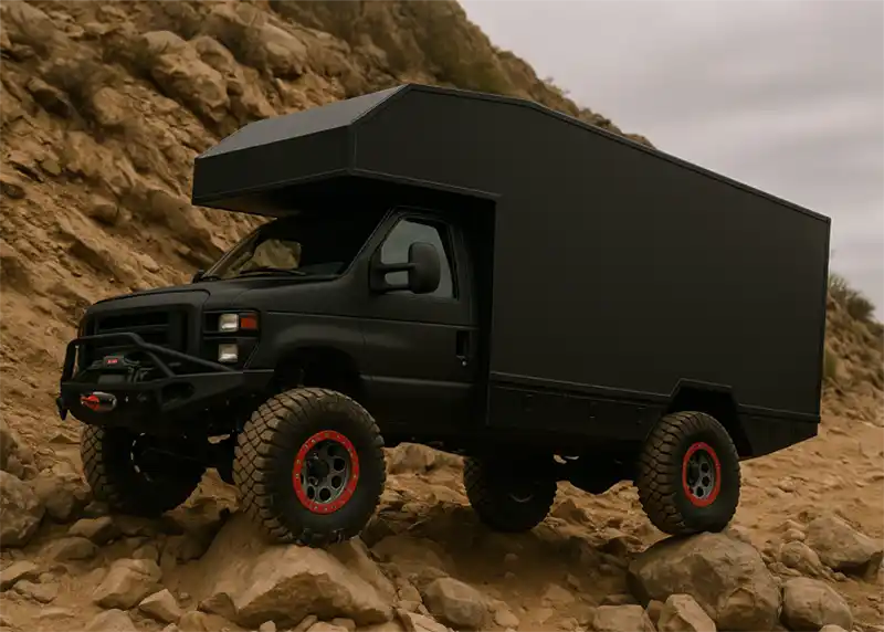 Black Globe Trekker E-Series Camper on Rocks